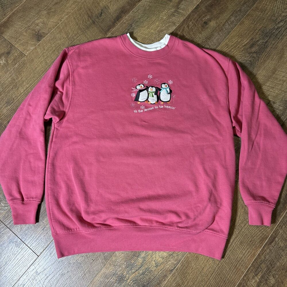 Vintage Penguin Sweatshirt Sz XL Grandma Collar Embroidered Cottagecore 90s Pink